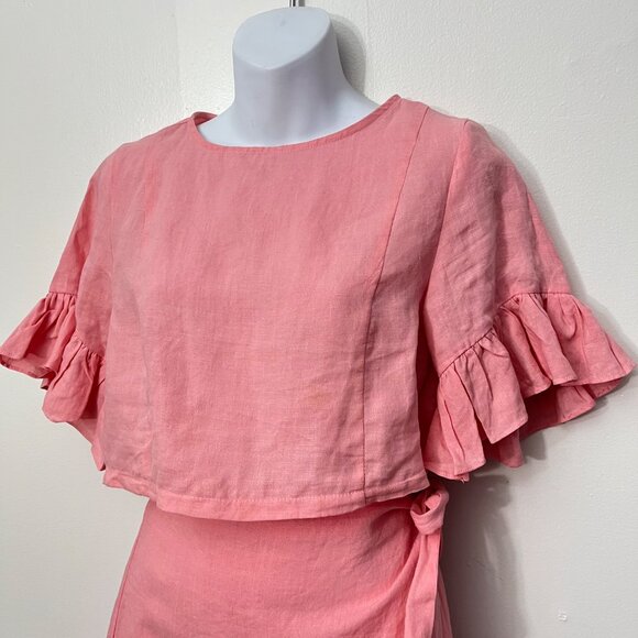 KARLIE Pink Popplin Ruffle Linen‎ Top and Wrap Skirt  Size M - Picture 2 of 7
